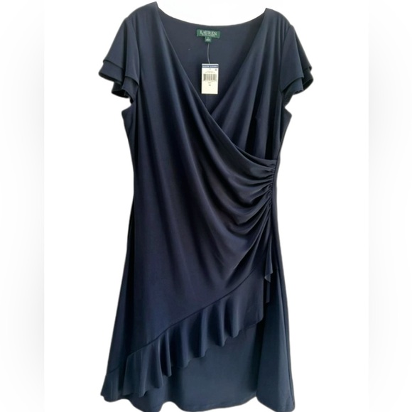 Lauren Ralph Lauren Navy Faux Wrap Ruffle Jersey Dress 14 NW - Picture 1 of 11
